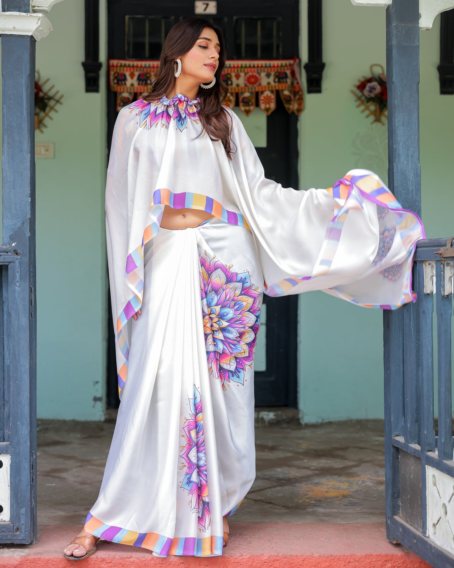 White Satin Georgette Designer Saree with Lotus Mandala Prints & Multicolor Striped Blouse | Handsfree Pallu Loop