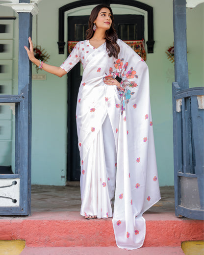 White Satin Georgette Saree with Multicolor Floral Print & Matching Blouse | Handsfree Pallu Loop | Lightweight Designer Saree