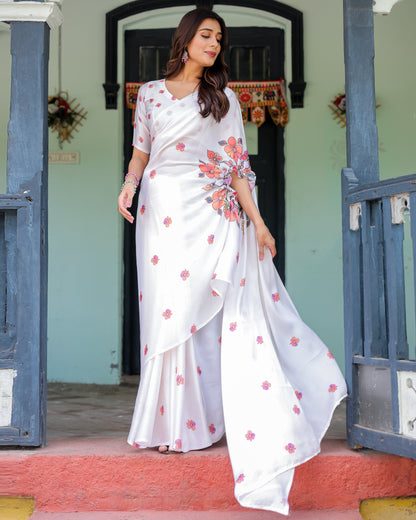 White Satin Georgette Saree with Multicolor Floral Print & Matching Blouse | Handsfree Pallu Loop | Lightweight Designer Saree
