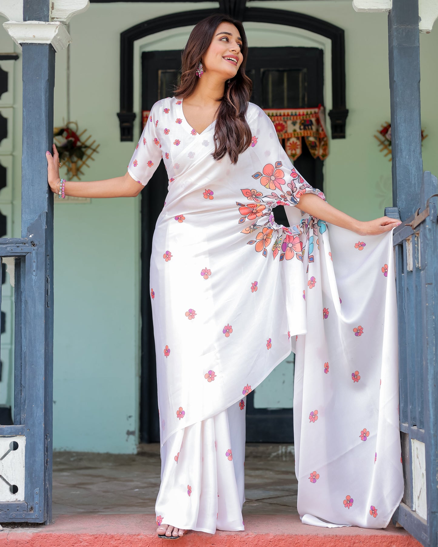 White Satin Georgette Saree with Multicolor Floral Print & Matching Blouse | Handsfree Pallu Loop | Lightweight Designer Saree