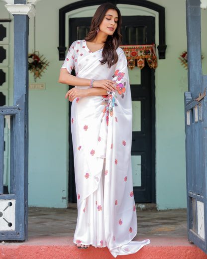 White Satin Georgette Saree with Multicolor Floral Print & Matching Blouse | Handsfree Pallu Loop | Lightweight Designer Saree