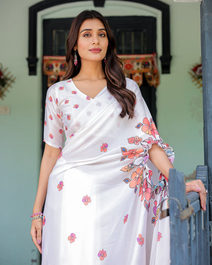White Satin Georgette Saree with Multicolor Floral Print & Matching Blouse | Handsfree Pallu Loop | Lightweight Designer Saree