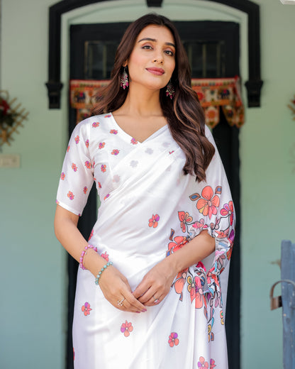 White Satin Georgette Saree with Multicolor Floral Print & Matching Blouse | Handsfree Pallu Loop | Lightweight Designer Saree
