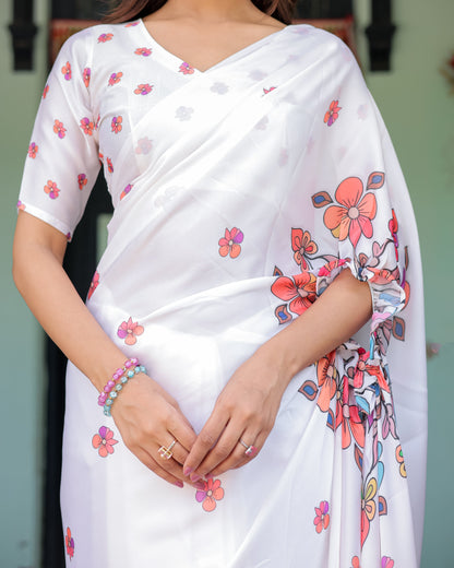 White Satin Georgette Saree with Multicolor Floral Print & Matching Blouse | Handsfree Pallu Loop | Lightweight Designer Saree