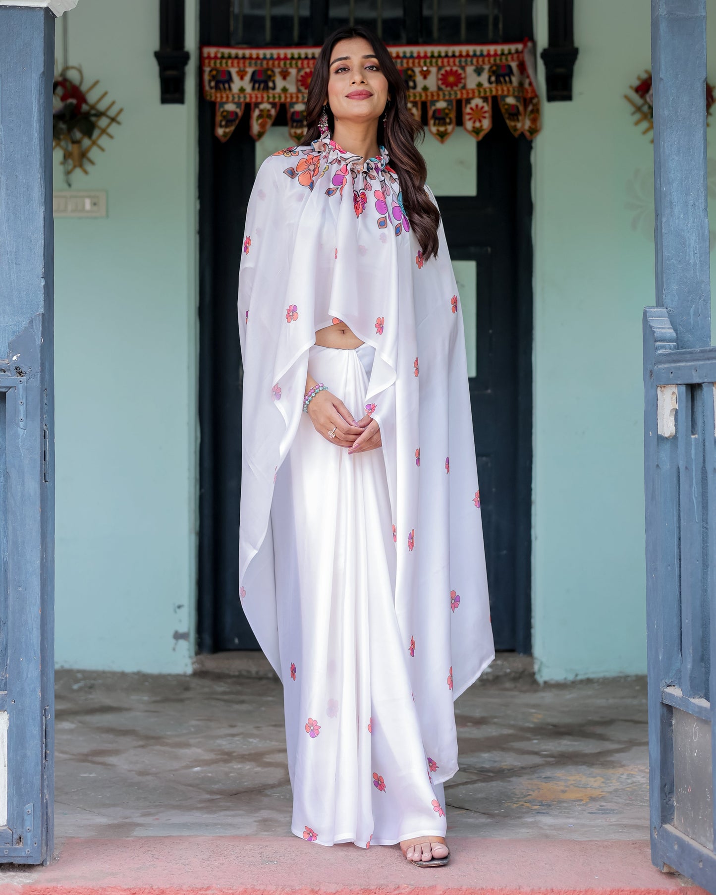 White Satin Georgette Saree with Multicolor Floral Print & Matching Blouse | Handsfree Pallu Loop | Lightweight Designer Saree