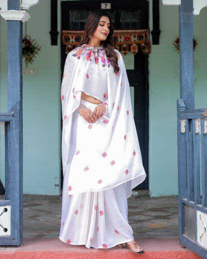 White Satin Georgette Saree with Multicolor Floral Print & Matching Blouse | Handsfree Pallu Loop | Lightweight Designer Saree