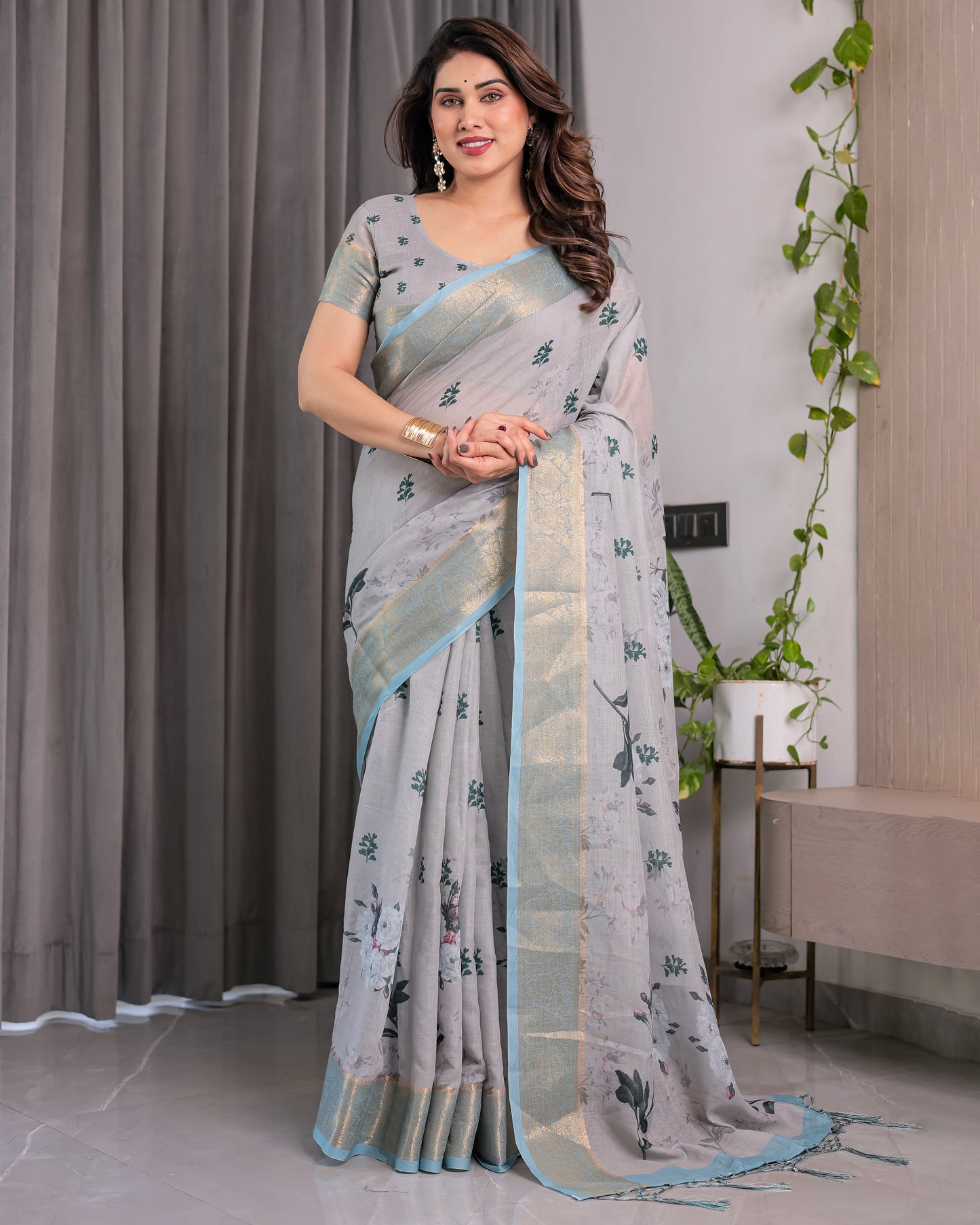 Elegant Ice Grey Handloom Linen Saree with Floral Print, Gold Zari Border & Tassel Detailing | Attached Blouse Piece | 5.5m Saree + 0.8m Blouse