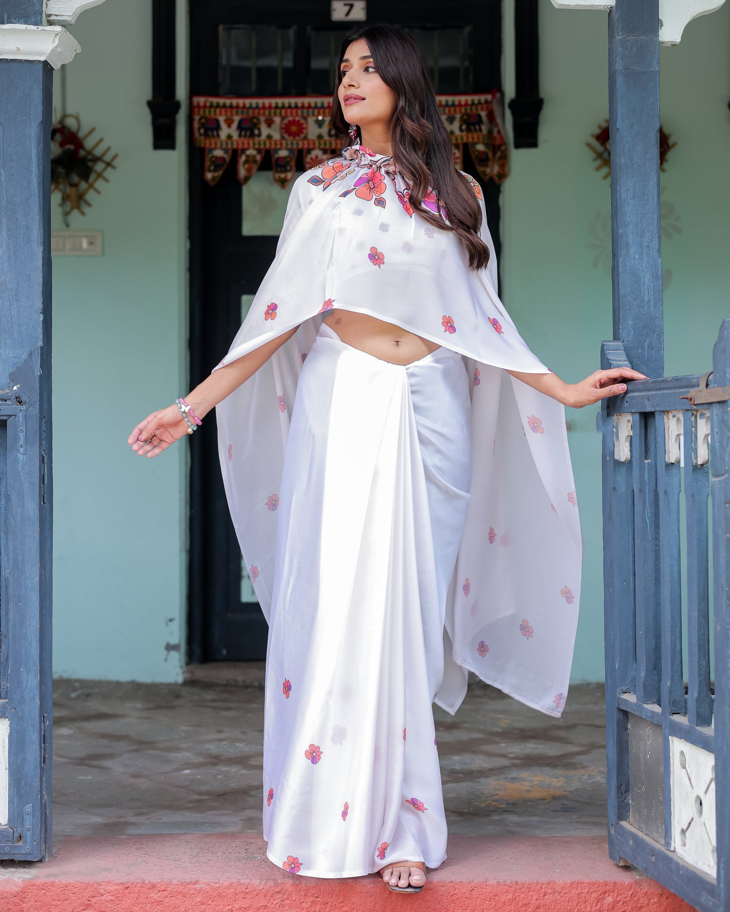 White Satin Georgette Saree with Multicolor Floral Print & Matching Blouse | Handsfree Pallu Loop | Lightweight Designer Saree