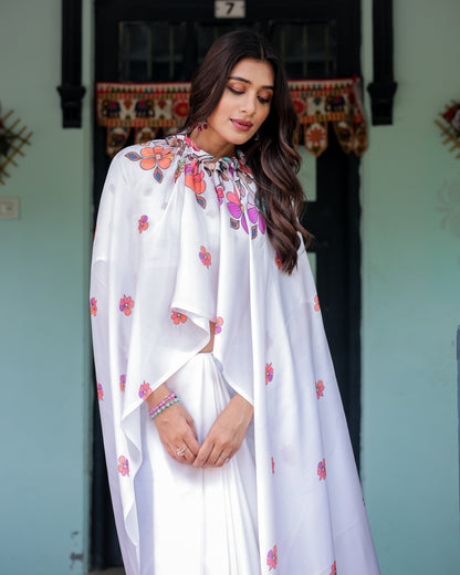 White Satin Georgette Saree with Multicolor Floral Print & Matching Blouse | Handsfree Pallu Loop | Lightweight Designer Saree