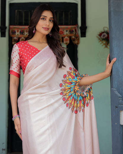 Beige Pink Satin Georgette Saree with Multicolor Flame Mandala Pallu & Red Polka Dot Blouse | Handsfree Pallu Loop Design