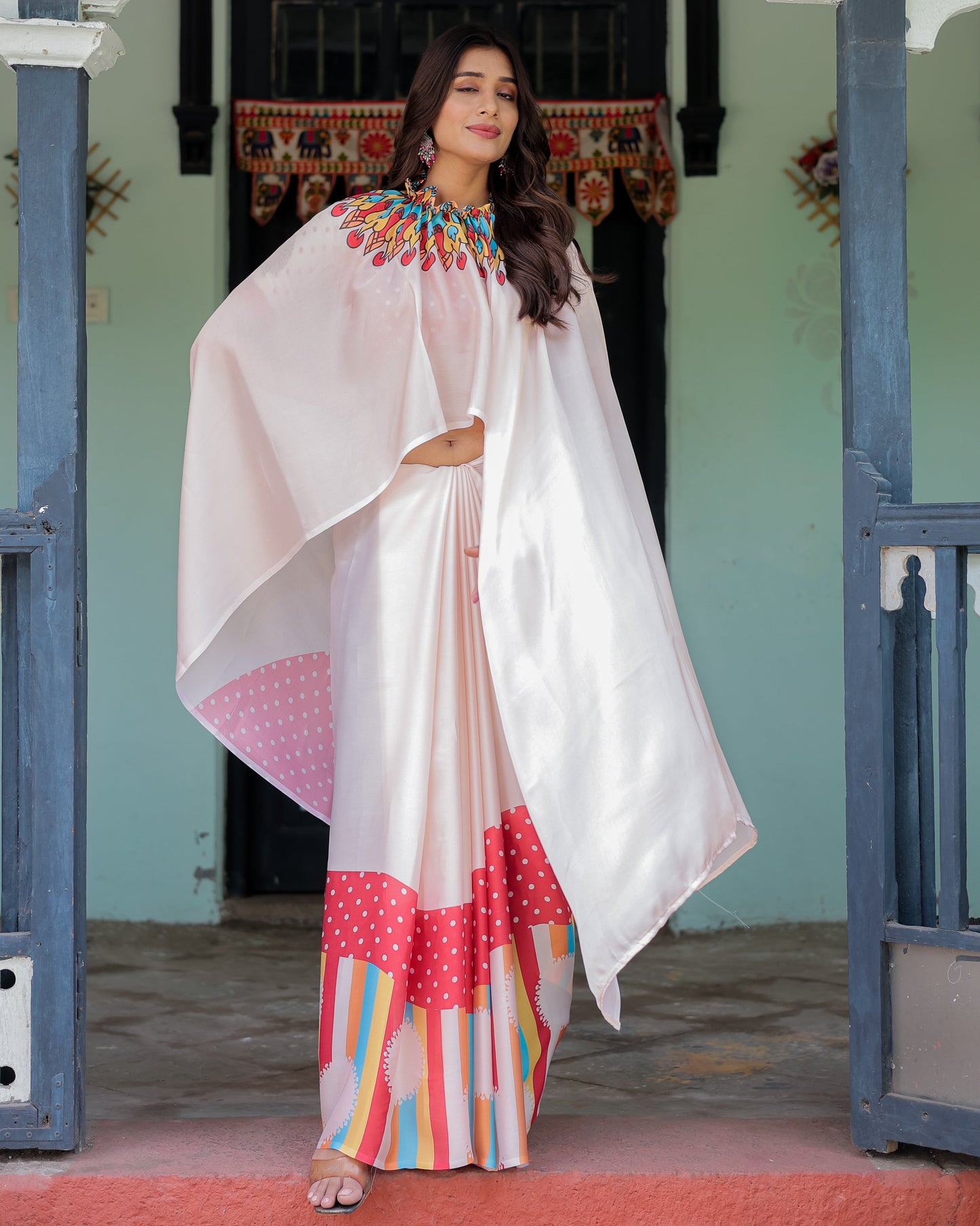 Beige Pink Satin Georgette Saree with Multicolor Flame Mandala Pallu & Red Polka Dot Blouse | Handsfree Pallu Loop Design