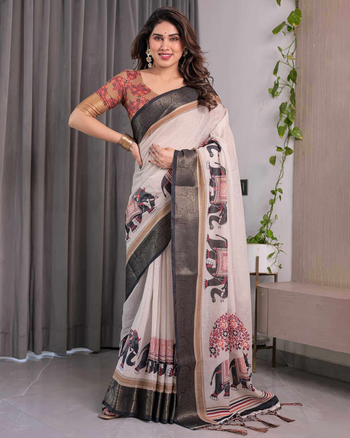 Ivory Handloom Linen Saree with Elephant Parade Print, Tree Motifs & Antique Zari Border | Tassel Finish | Attached Blouse | 5.5m Saree + 0.8m Blouse