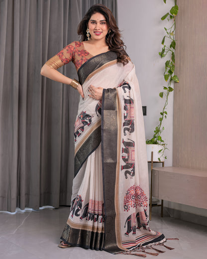 Ivory Handloom Linen Saree with Elephant Parade Print, Tree Motifs & Antique Zari Border | Tassel Finish | Attached Blouse | 5.5m Saree + 0.8m Blouse