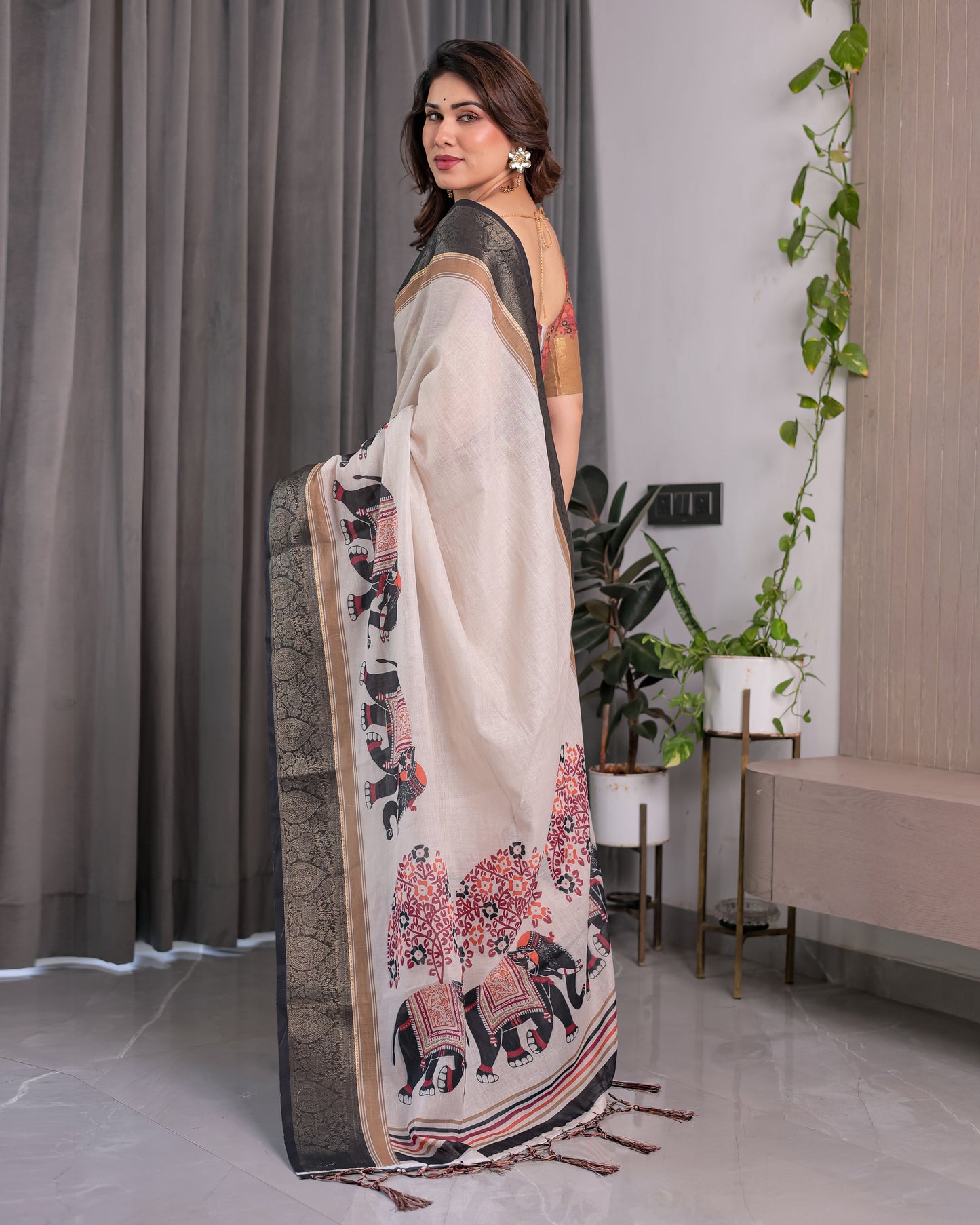 Ivory Handloom Linen Saree with Elephant Parade Print, Tree Motifs & Antique Zari Border | Tassel Finish | Attached Blouse | 5.5m Saree + 0.8m Blouse