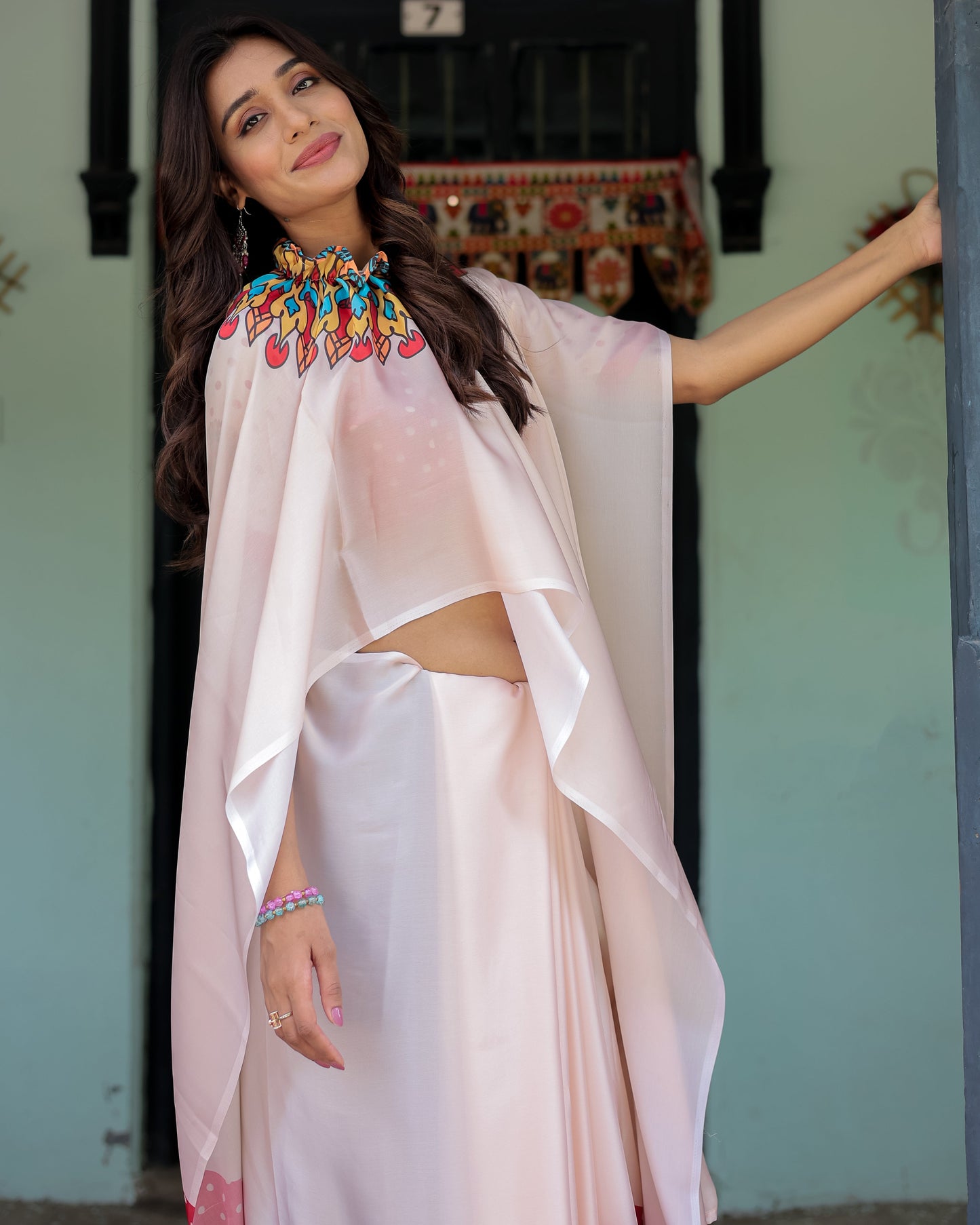 Beige Pink Satin Georgette Saree with Multicolor Flame Mandala Pallu & Red Polka Dot Blouse | Handsfree Pallu Loop Design