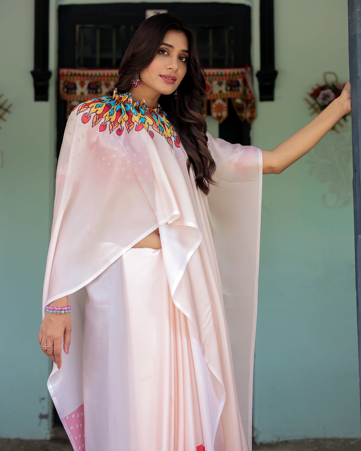 Beige Pink Satin Georgette Saree with Multicolor Flame Mandala Pallu & Red Polka Dot Blouse | Handsfree Pallu Loop Design