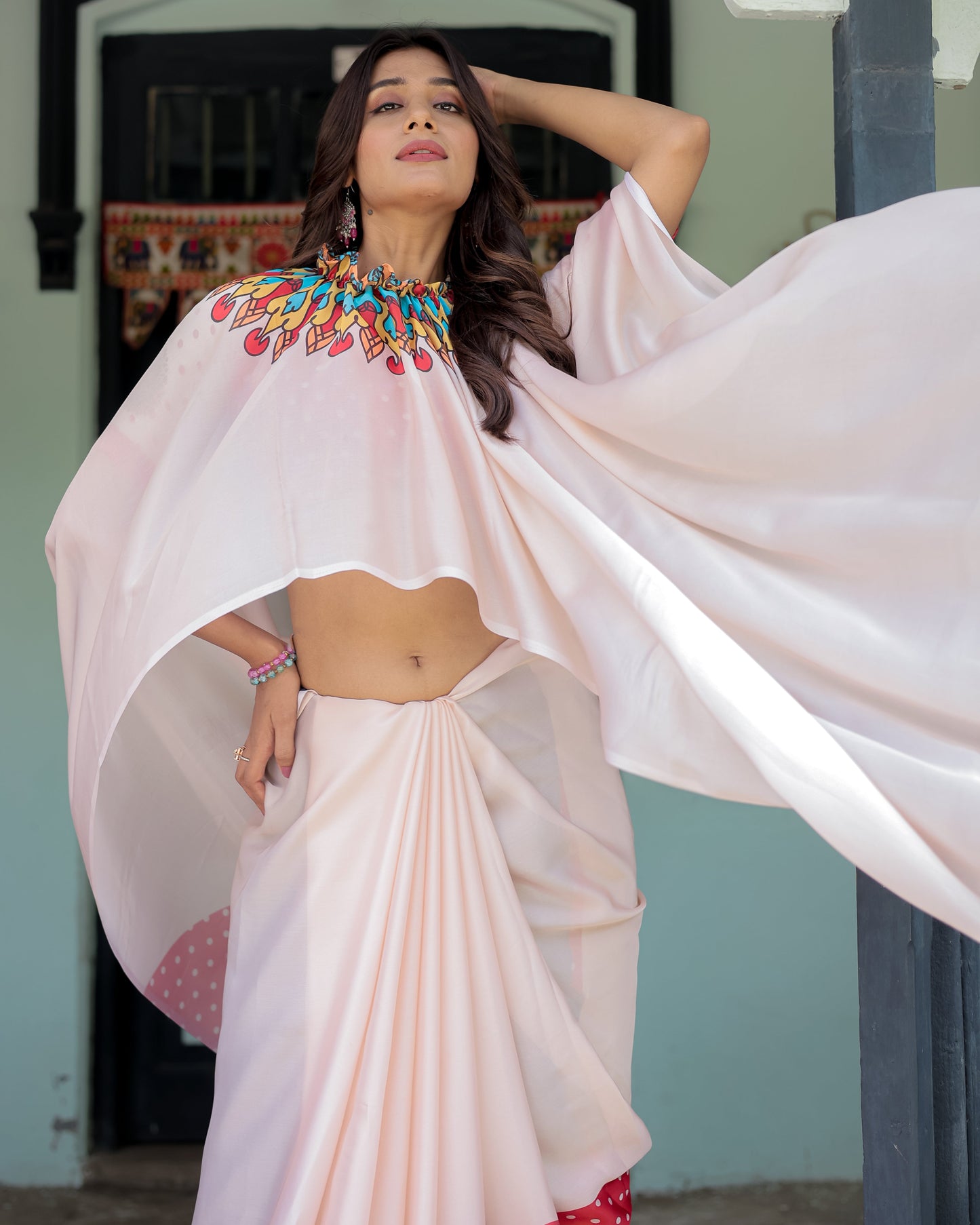 Beige Pink Satin Georgette Saree with Multicolor Flame Mandala Pallu & Red Polka Dot Blouse | Handsfree Pallu Loop Design