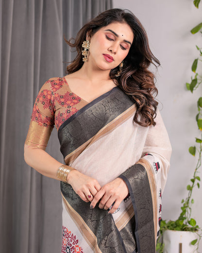 Ivory Handloom Linen Saree with Elephant Parade Print, Tree Motifs & Antique Zari Border | Tassel Finish | Attached Blouse | 5.5m Saree + 0.8m Blouse