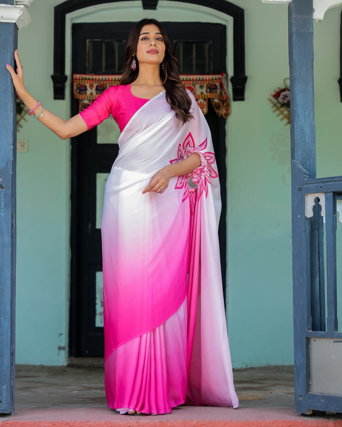 White & Pink Ombré Satin Georgette Saree with Bold Leaf Mandala Pallu & Hot Pink Blouse | Handsfree Pallu Loop