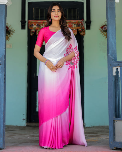 White & Pink Ombré Satin Georgette Saree with Bold Leaf Mandala Pallu & Hot Pink Blouse | Handsfree Pallu Loop