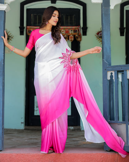 White & Pink Ombré Satin Georgette Saree with Bold Leaf Mandala Pallu & Hot Pink Blouse | Handsfree Pallu Loop
