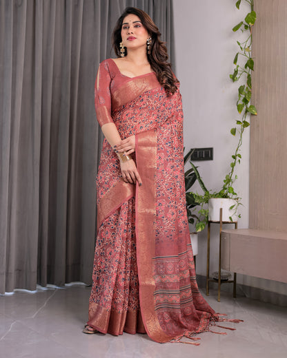 Rust Maroon Handloom Linen Saree with All-Over Floral Print & Ornate Traditional Pallu | Gold Zari Border & Tassel Finish | Attached Blouse | 5.5m Saree + 0.8m Blouse