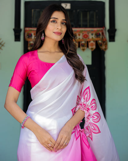 White & Pink Ombré Satin Georgette Saree with Bold Leaf Mandala Pallu & Hot Pink Blouse | Handsfree Pallu Loop