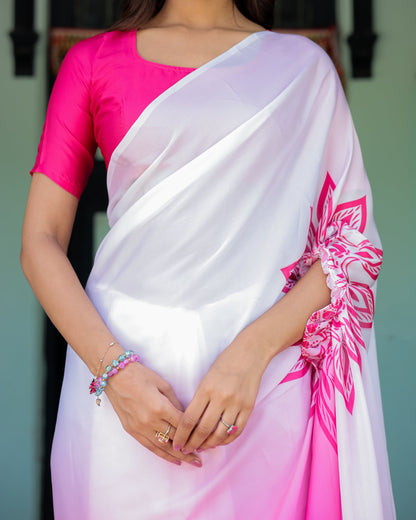 White & Pink Ombré Satin Georgette Saree with Bold Leaf Mandala Pallu & Hot Pink Blouse | Handsfree Pallu Loop