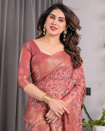 Rust Maroon Handloom Linen Saree with All-Over Floral Print & Ornate Traditional Pallu | Gold Zari Border & Tassel Finish | Attached Blouse | 5.5m Saree + 0.8m Blouse
