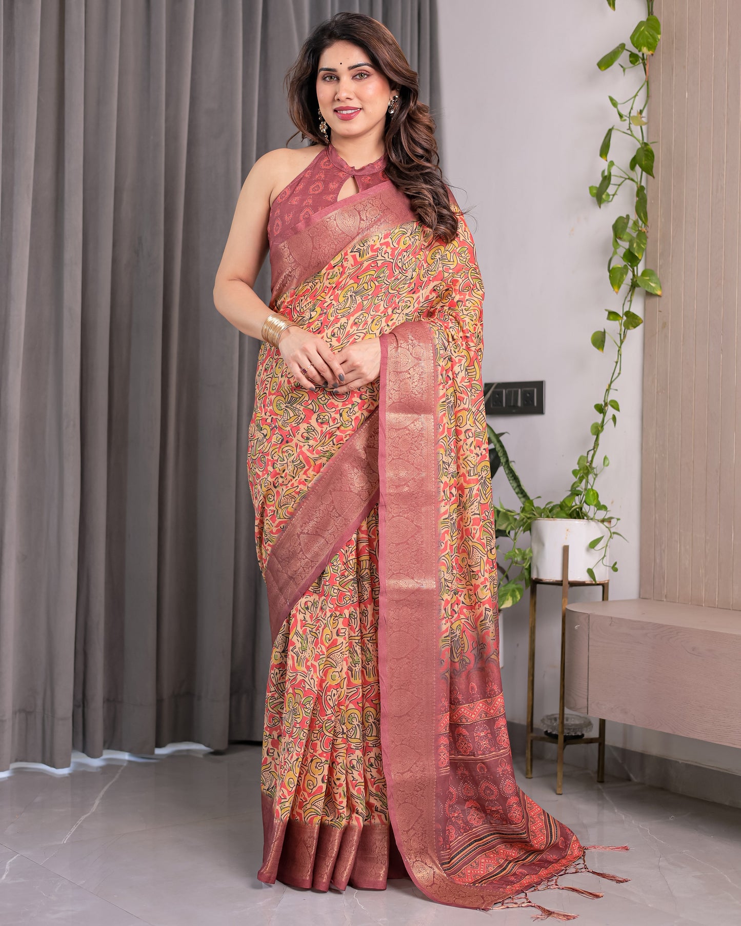 Multicolor Paisley Print Handloom Linen Saree with Traditional Rust Red Pallu & Gold Zari Border | Tassel Edging | Attached Blouse | 5.5m Saree + 0.8m Blouse