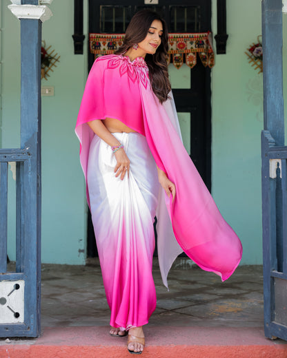 White & Pink Ombré Satin Georgette Saree with Bold Leaf Mandala Pallu & Hot Pink Blouse | Handsfree Pallu Loop