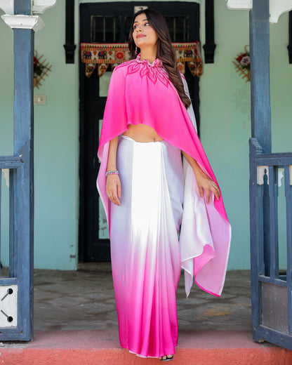 White & Pink Ombré Satin Georgette Saree with Bold Leaf Mandala Pallu & Hot Pink Blouse | Handsfree Pallu Loop