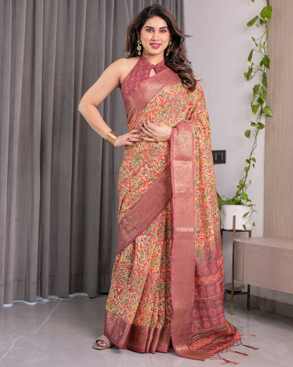 Multicolor Paisley Print Handloom Linen Saree with Traditional Rust Red Pallu & Gold Zari Border | Tassel Edging | Attached Blouse | 5.5m Saree + 0.8m Blouse