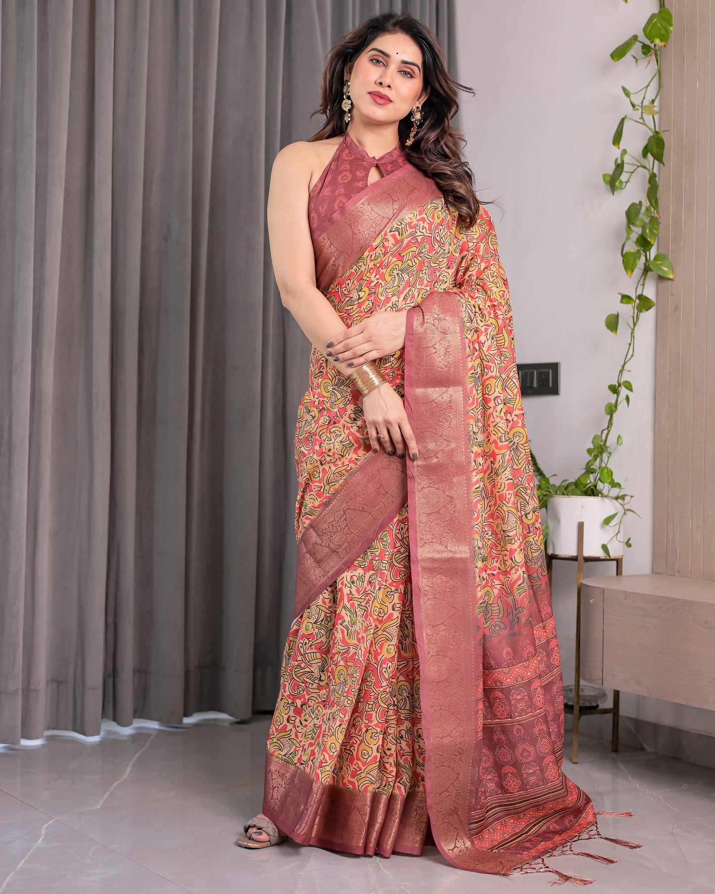 Multicolor Paisley Print Handloom Linen Saree with Traditional Rust Red Pallu & Gold Zari Border | Tassel Edging | Attached Blouse | 5.5m Saree + 0.8m Blouse