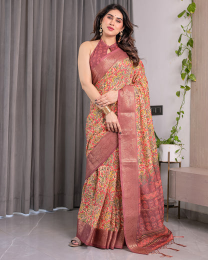 Multicolor Paisley Print Handloom Linen Saree with Traditional Rust Red Pallu & Gold Zari Border | Tassel Edging | Attached Blouse | 5.5m Saree + 0.8m Blouse