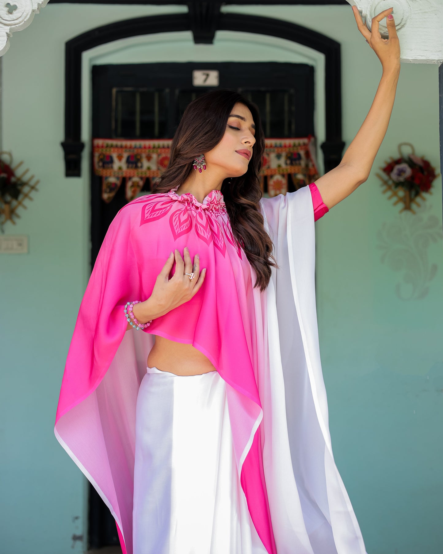 White & Pink Ombré Satin Georgette Saree with Bold Leaf Mandala Pallu & Hot Pink Blouse | Handsfree Pallu Loop