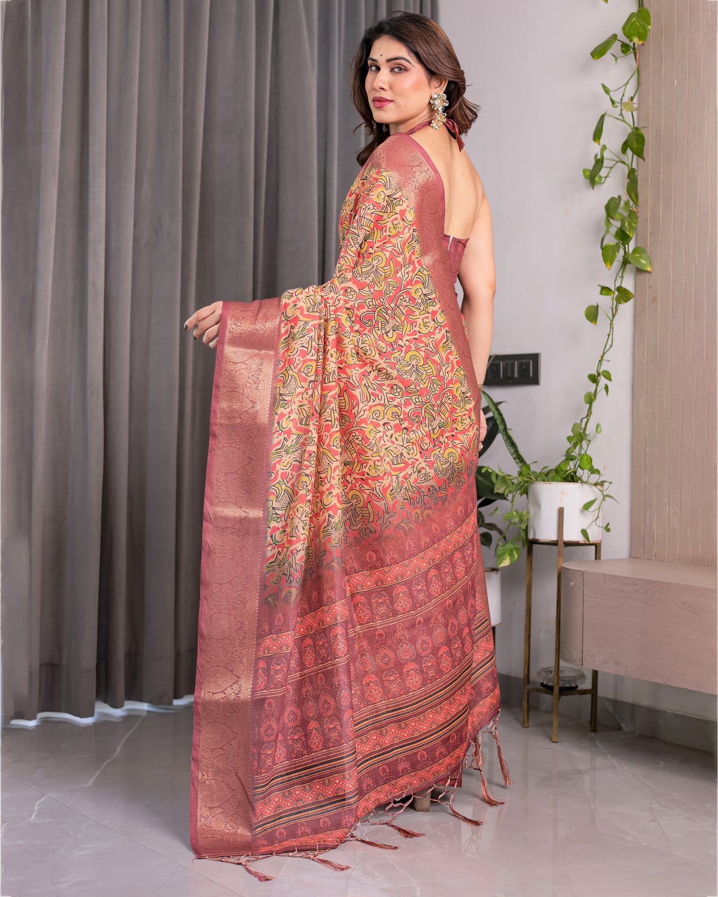 Multicolor Paisley Print Handloom Linen Saree with Traditional Rust Red Pallu & Gold Zari Border | Tassel Edging | Attached Blouse | 5.5m Saree + 0.8m Blouse