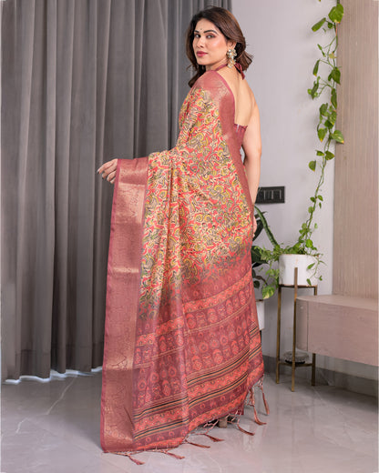 Multicolor Paisley Print Handloom Linen Saree with Traditional Rust Red Pallu & Gold Zari Border | Tassel Edging | Attached Blouse | 5.5m Saree + 0.8m Blouse
