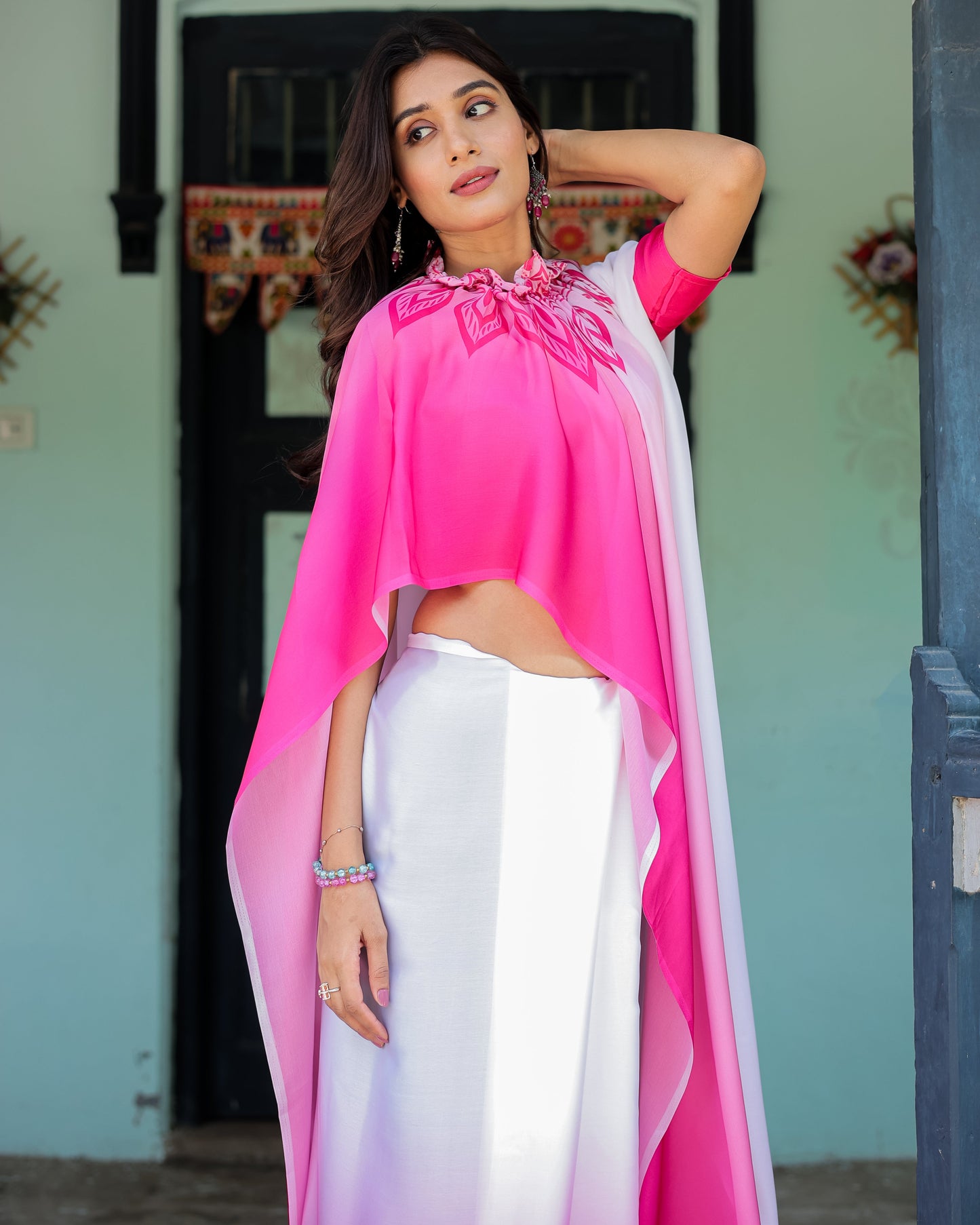 White & Pink Ombré Satin Georgette Saree with Bold Leaf Mandala Pallu & Hot Pink Blouse | Handsfree Pallu Loop
