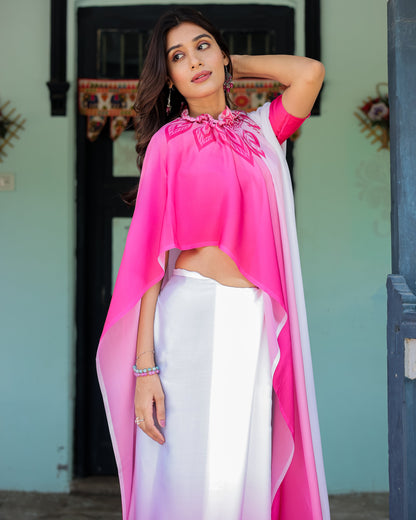 White & Pink Ombré Satin Georgette Saree with Bold Leaf Mandala Pallu & Hot Pink Blouse | Handsfree Pallu Loop