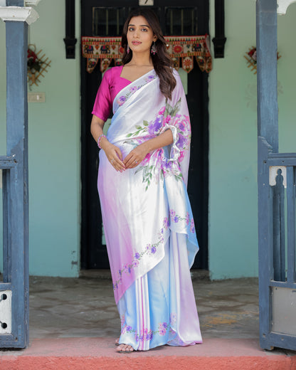 Pastel White Satin Georgette Saree with Purple Rose Floral Print & Rani Pink Blouse | Handsfree Pallu Design