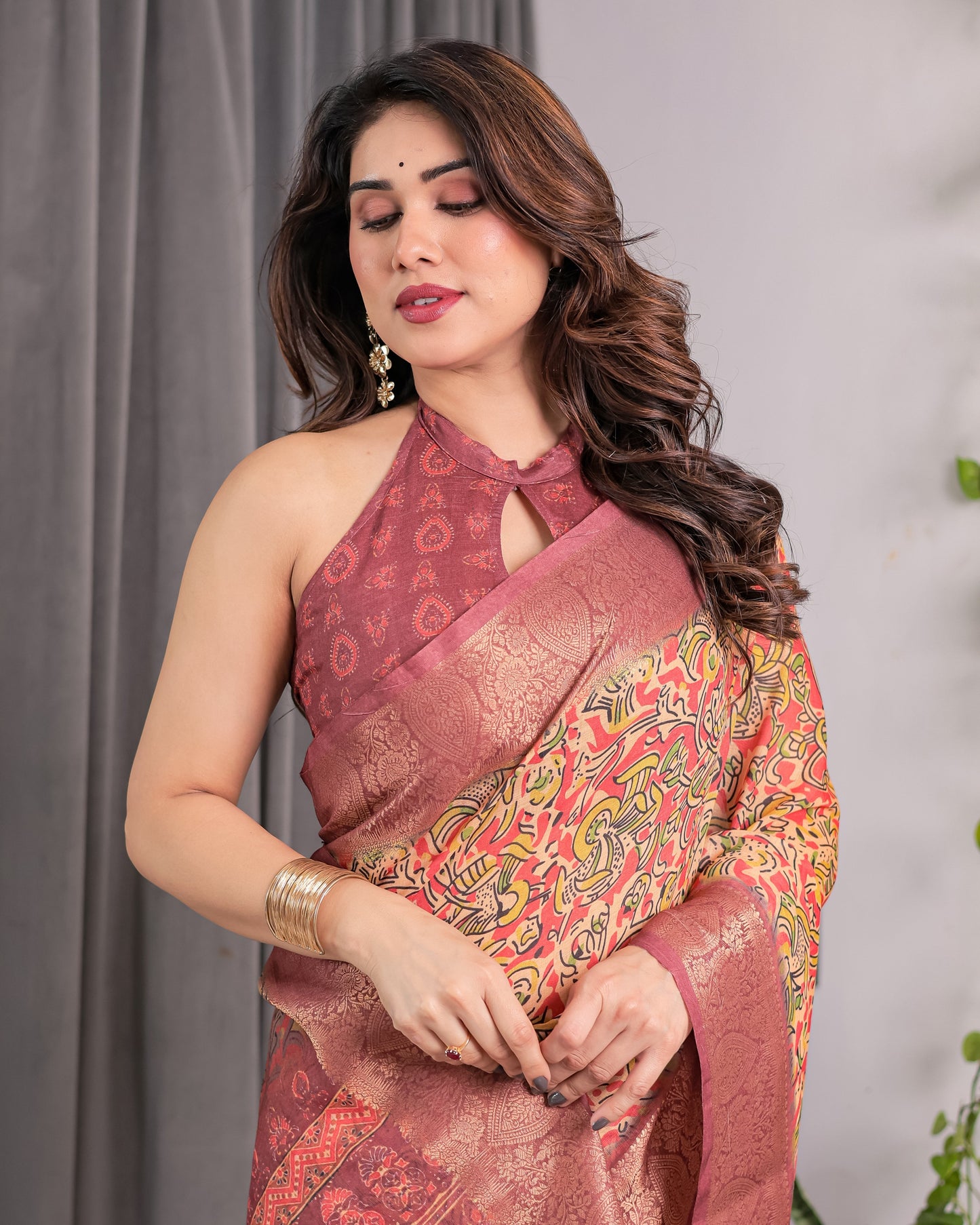 Multicolor Paisley Print Handloom Linen Saree with Traditional Rust Red Pallu & Gold Zari Border | Tassel Edging | Attached Blouse | 5.5m Saree + 0.8m Blouse