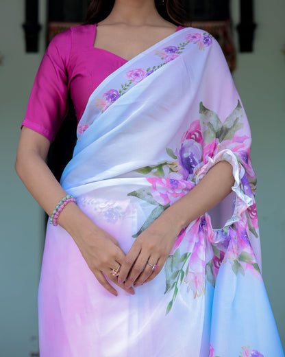 Pastel White Satin Georgette Saree with Purple Rose Floral Print & Rani Pink Blouse | Handsfree Pallu Design