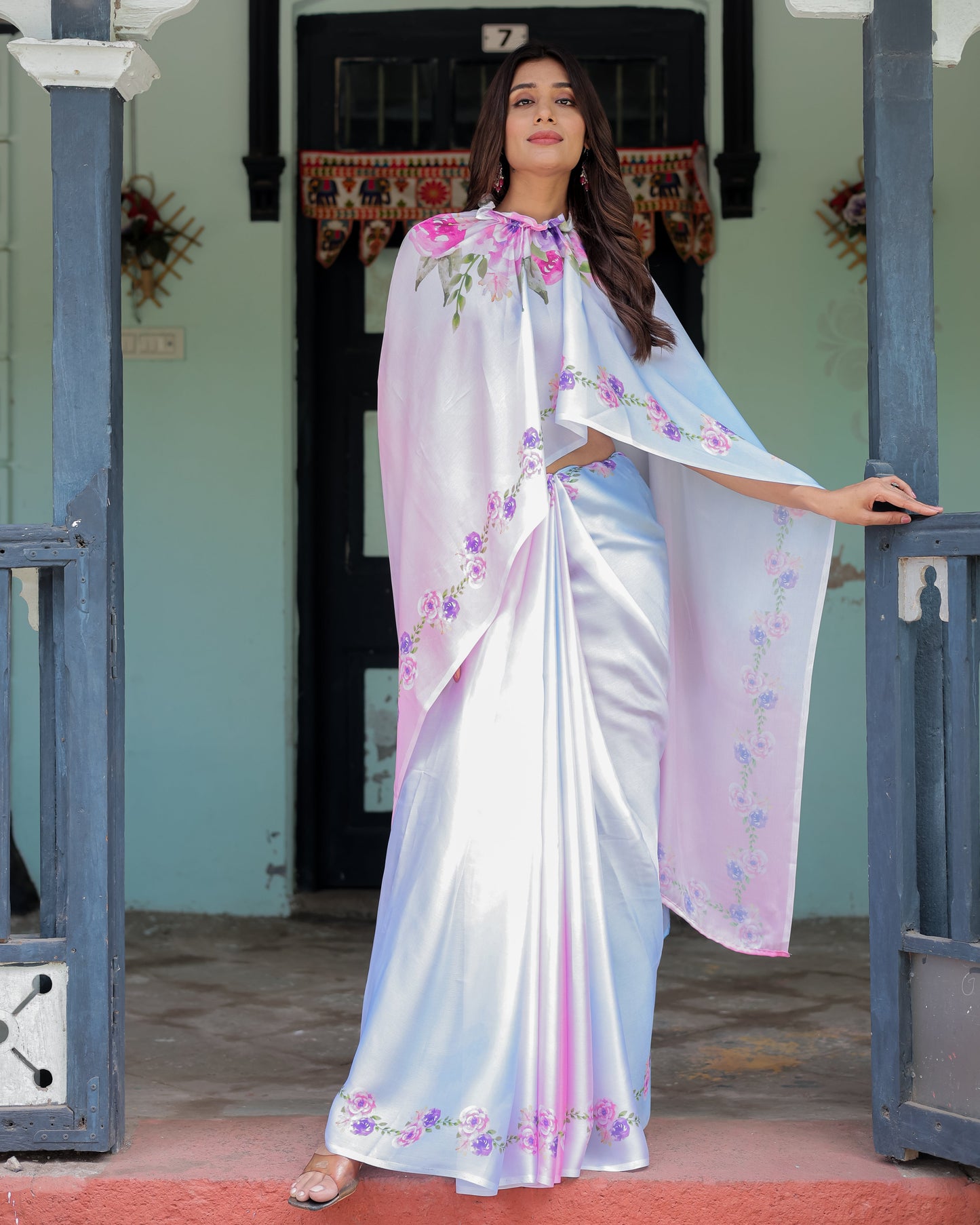 Pastel White Satin Georgette Saree with Purple Rose Floral Print & Rani Pink Blouse | Handsfree Pallu Design