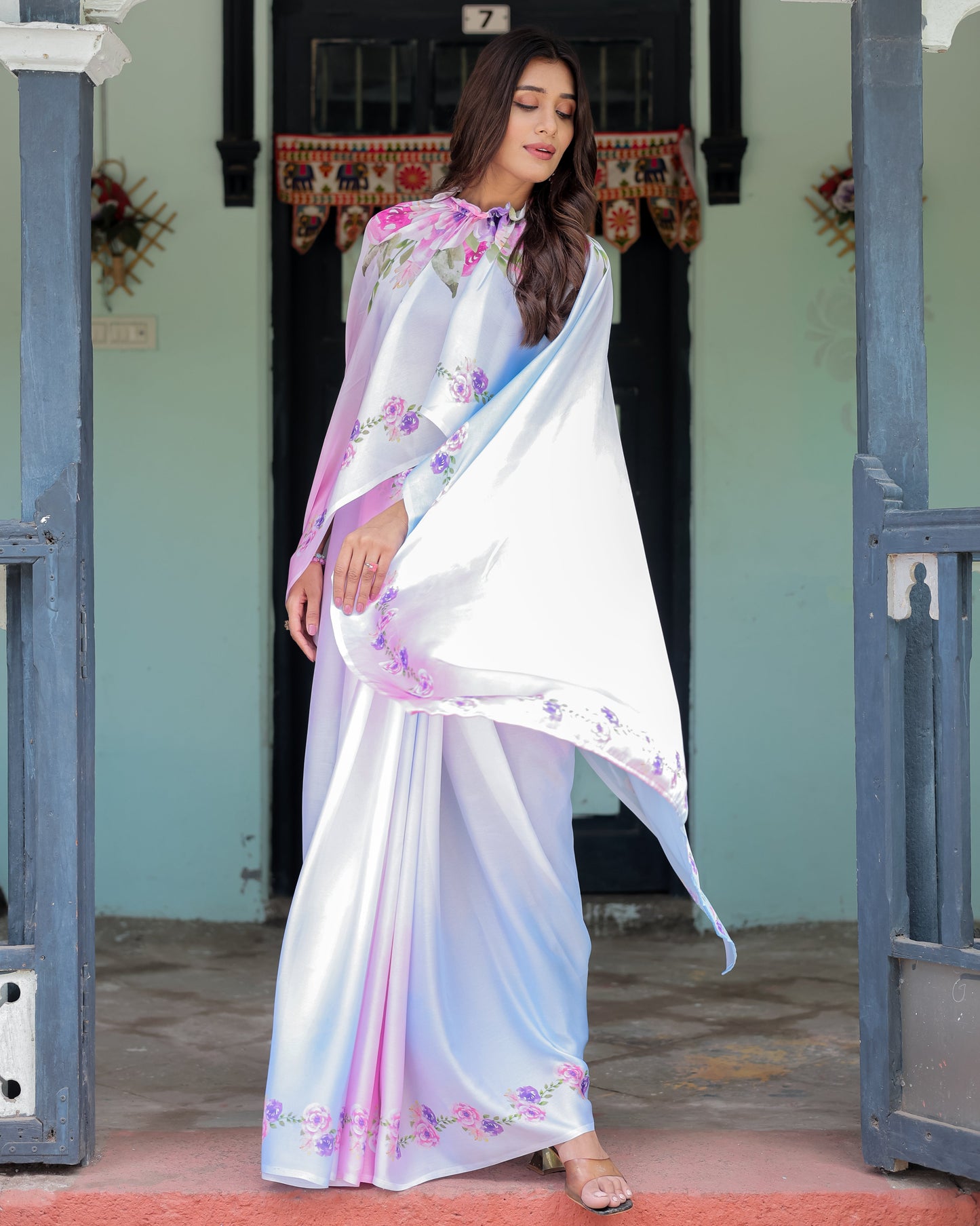 Pastel White Satin Georgette Saree with Purple Rose Floral Print & Rani Pink Blouse | Handsfree Pallu Design