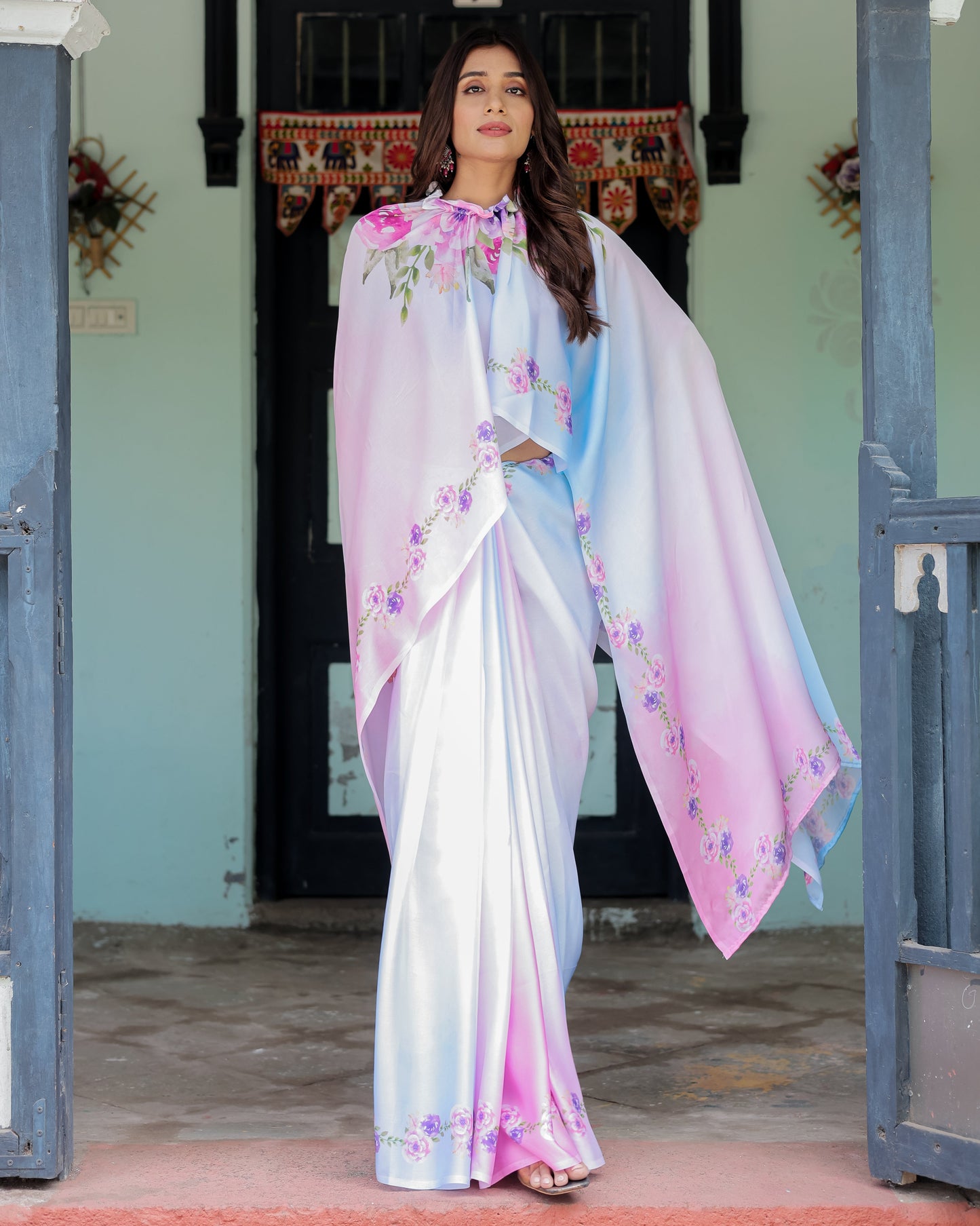 Pastel White Satin Georgette Saree with Purple Rose Floral Print & Rani Pink Blouse | Handsfree Pallu Design