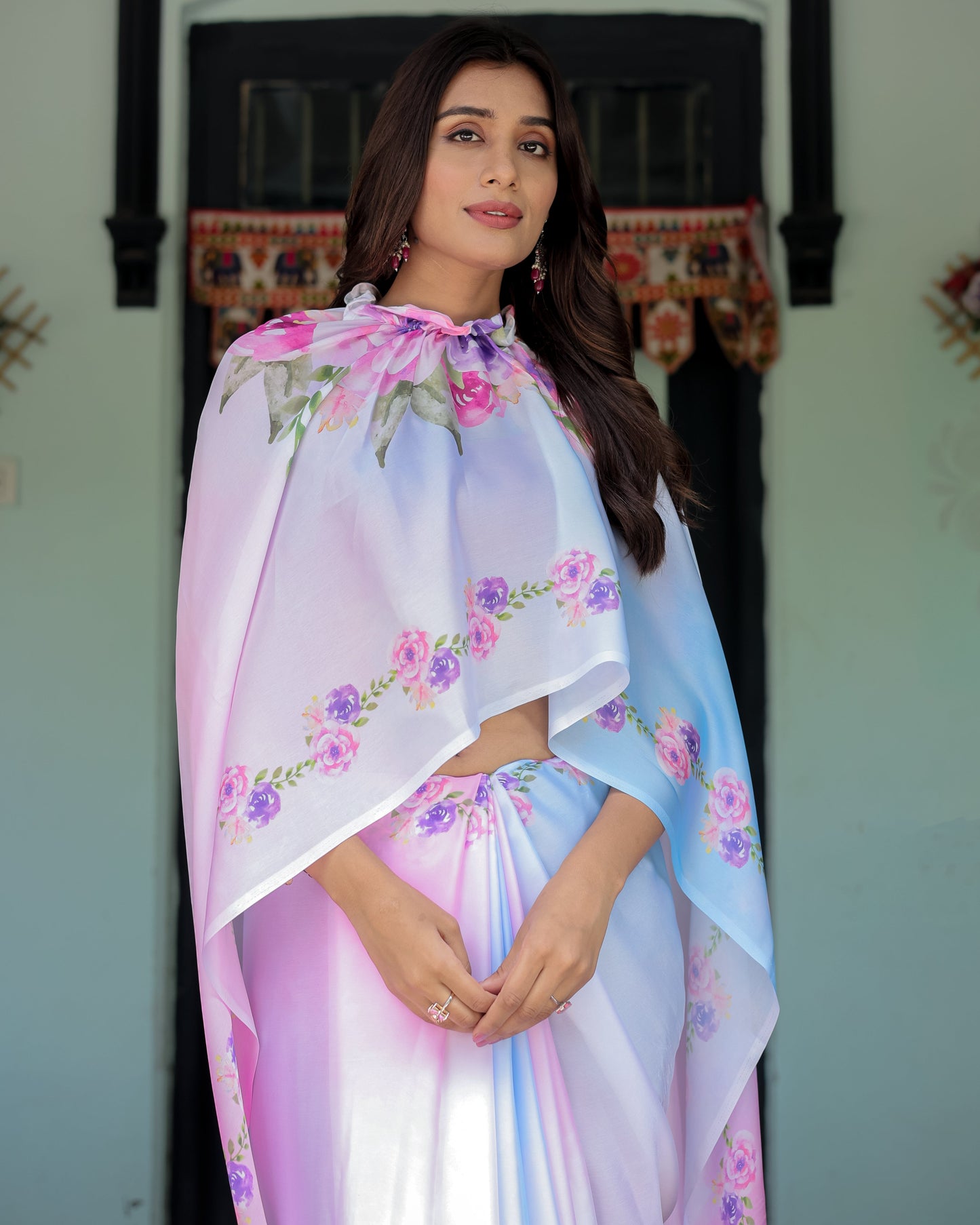 Pastel White Satin Georgette Saree with Purple Rose Floral Print & Rani Pink Blouse | Handsfree Pallu Design