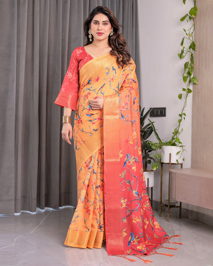 Sunset Orange Handloom Linen Saree with Bluebird & Floral Digital Print | Contrasting Red Pallu & Gold Zari Border | Tassel Detailing | Attached Blouse | 5.5m Saree + 0.8m Blouse