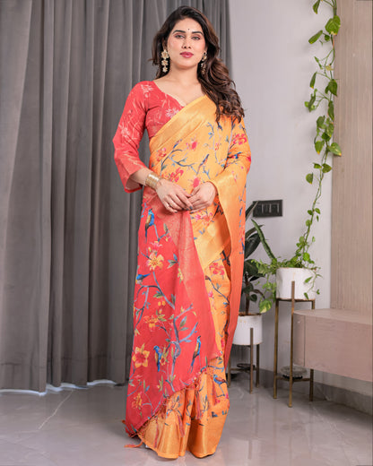 Sunset Orange Handloom Linen Saree with Bluebird & Floral Digital Print | Contrasting Red Pallu & Gold Zari Border | Tassel Detailing | Attached Blouse | 5.5m Saree + 0.8m Blouse
