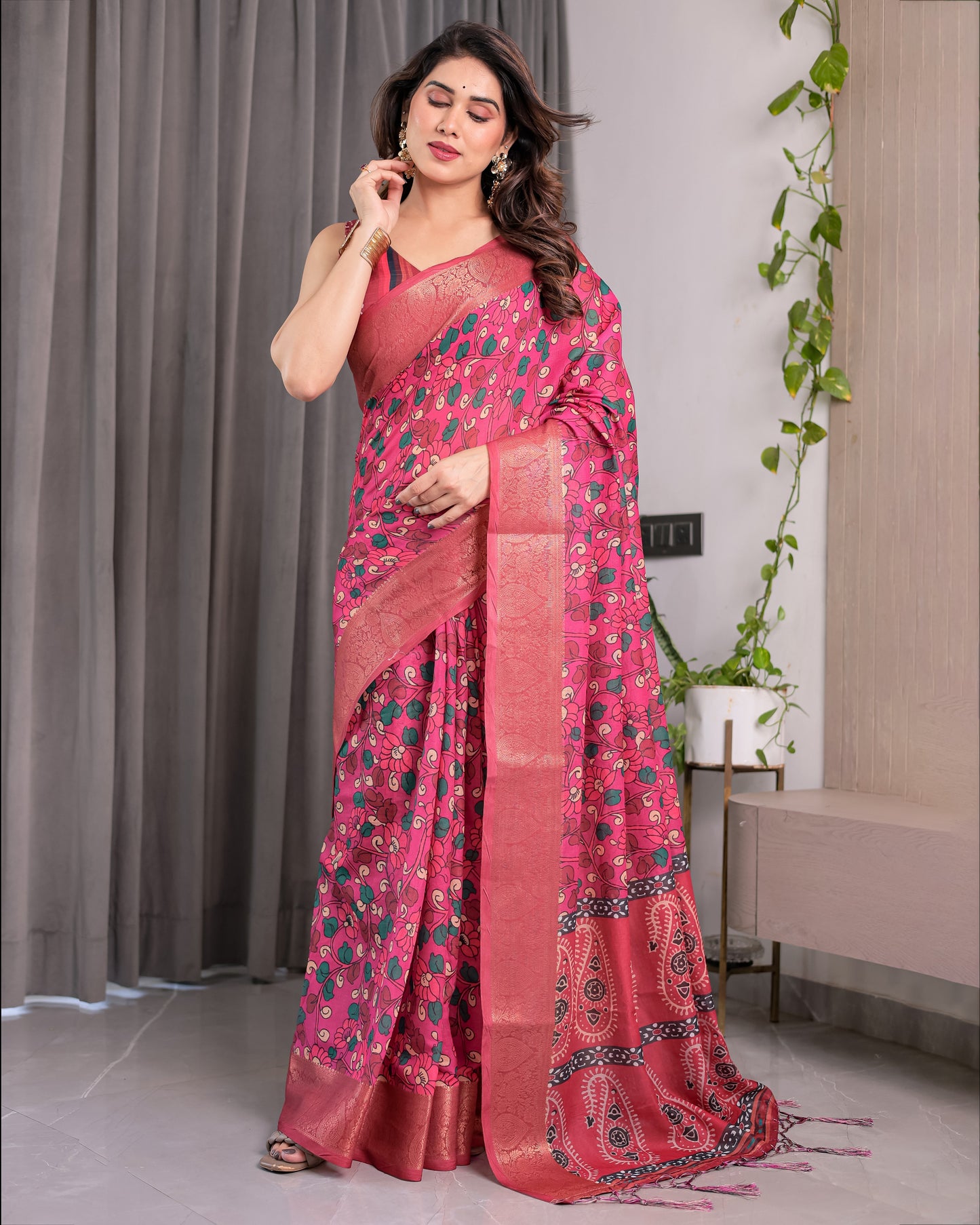 Rani Pink Handloom Linen Saree with Floral Vine Print & Paisley Pallu | Gold Zari Border & Tassel Detailing | Attached Blouse | 5.5m Saree + 0.8m Blouse